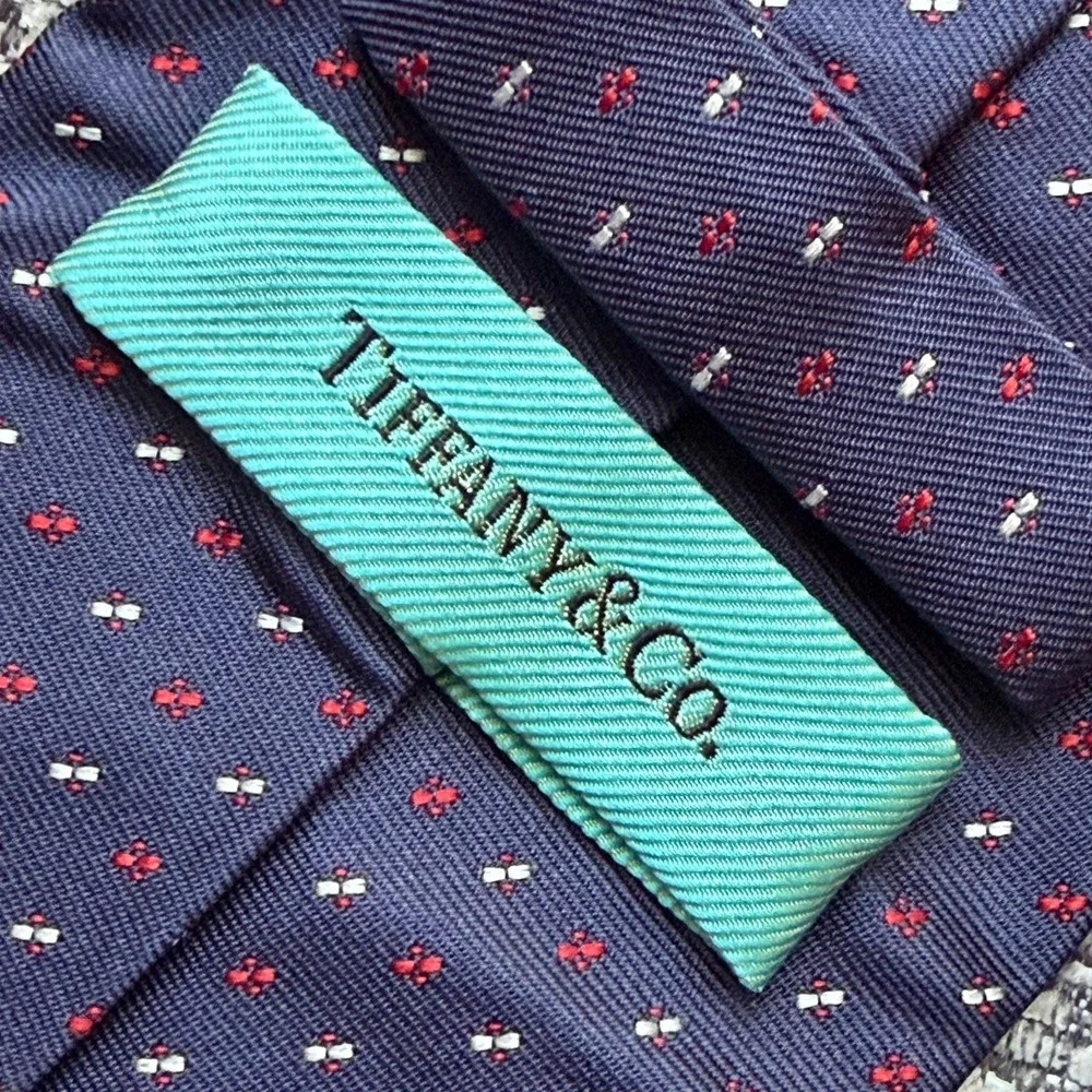 Vintage Tiffany & Co Silk Jacquard Tie Italy Navy Red White Geometric Foulard